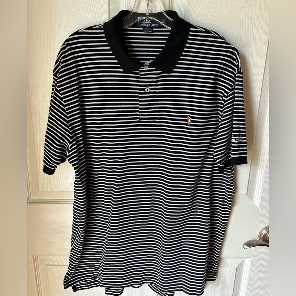 Ralph Lauren Navy and White Striped Polo Shirt “Sea Island” logo